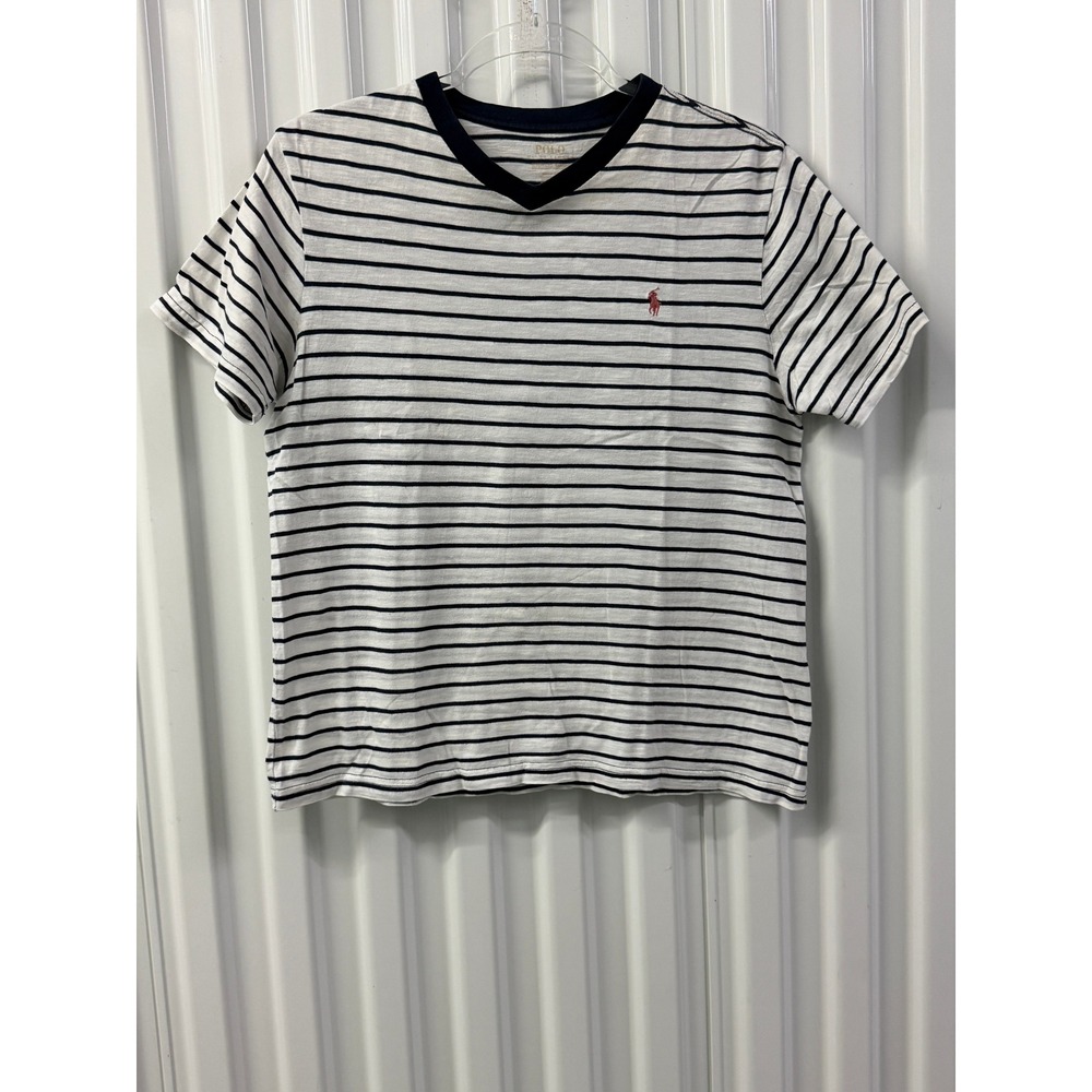 Polo Ralph Lauren V-Neck T-Shirt Boys L White Navy Striped Good Cotton Pony